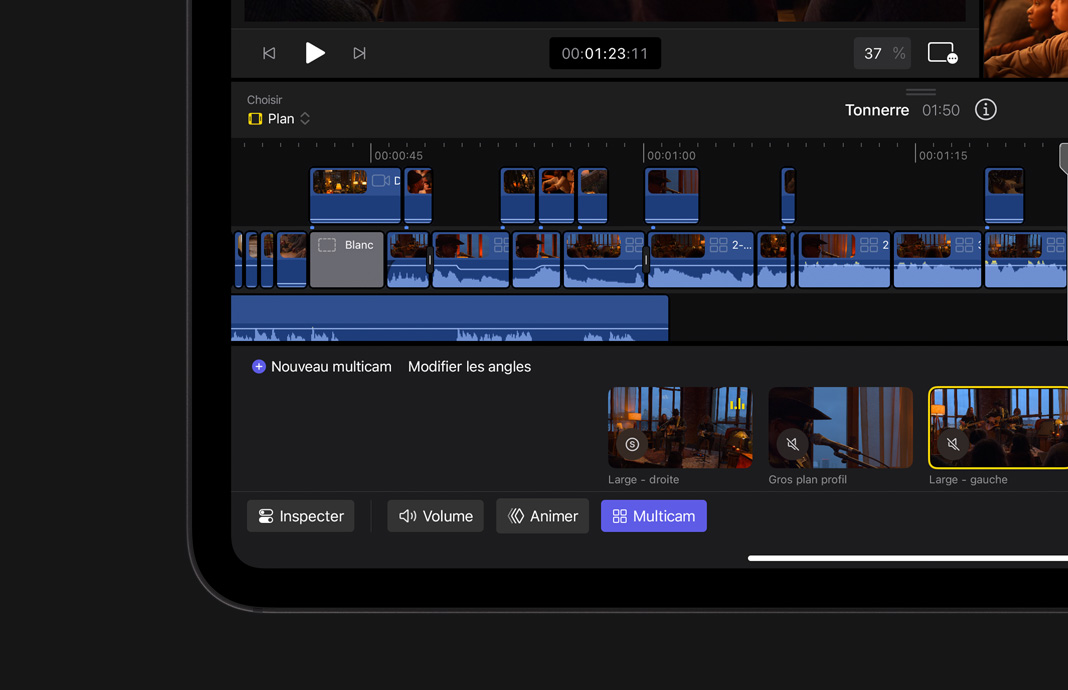 Changement d’angle dans la timeline magnétique de Final Cut Pro pour iPad sur iPad Pro.