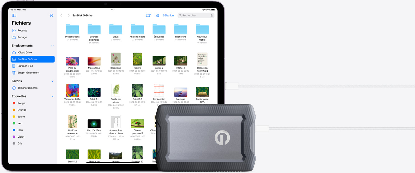 iPad Air relié à un disque dur externe