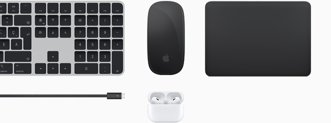 Ensemble d’accessoires réunissant le Magic Keyboard, la Magic Mouse, le Magic Track Pad, un câble Thunderbolt 4 Pro et des AirPods Pro.