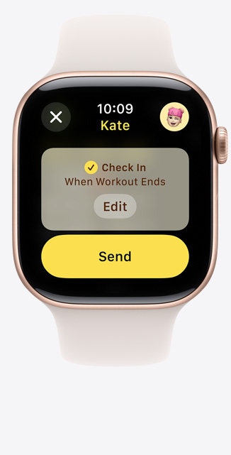 Front view of a Workout Check In screen on an Apple Watch Series 10 