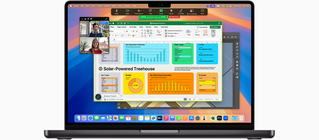 Pantalla de una MacBook Pro con Zoom, Microsoft Excel y Adobe Photoshop.