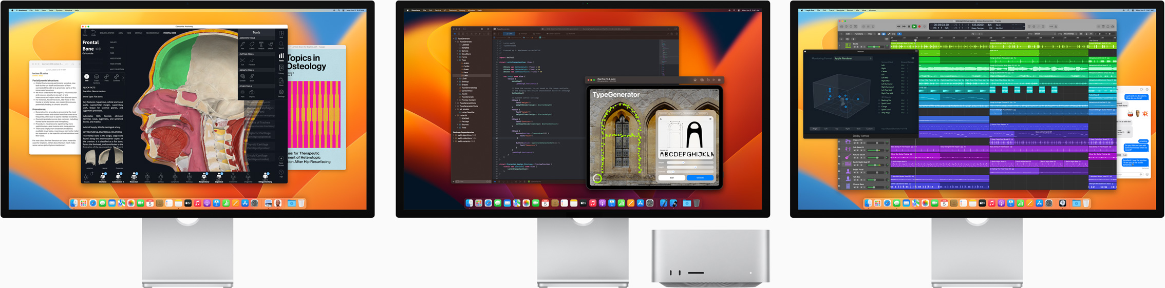 Mac Studio a tři Studio Displaye, každý má na obrazovce jinou macOS aplikaci