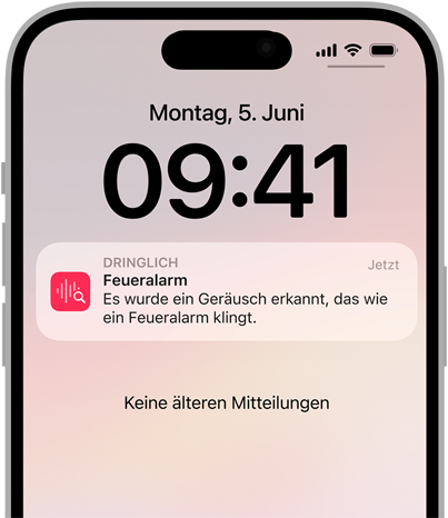 Warnmeldung der Geräuscherkennung für einen Feueralarm auf dem iPhone.