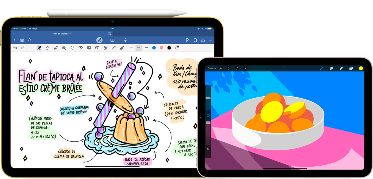 A la izquierda, vista horizontal del iPad de 10.ª generación con una ilustración con notas y un dibujo en la pantalla y un Apple Pencil (USB-C) acoplado en la parte superior. A la derecha, vista horizontal del iPad mini que muestra una colorida ilustración creada con ProCreate.