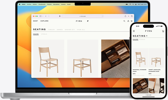 Pantallas de un MacBook y un iPhone con la misma página de Safari abierta en ambos dispositivos