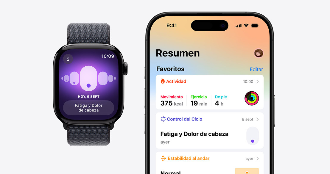 La app Control del Ciclo en un Apple Watch Series 10 y los datos de Control del Ciclo en la app Salud en un iPhone 16 Pro.