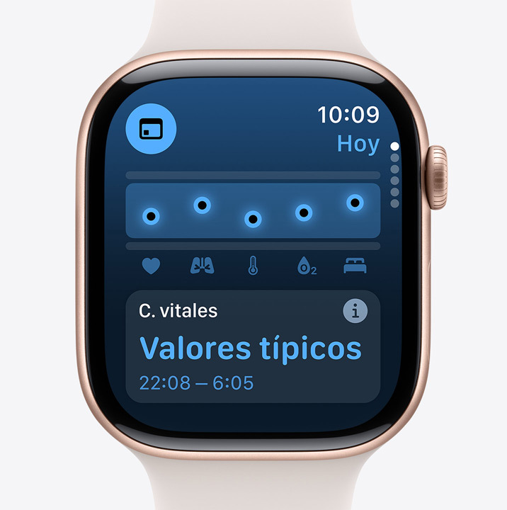 Pantalla de un Apple Watch Series 10 con la app Constantes Vitales, que indica que los datos de salud nocturnos son normales.