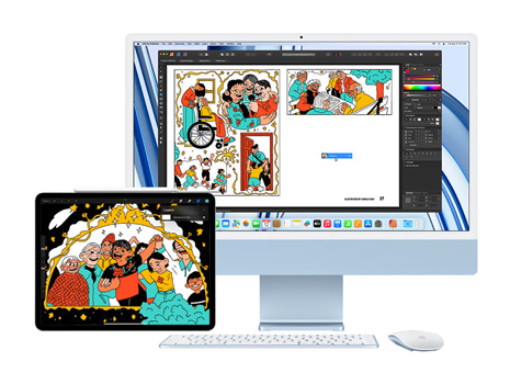 Een kleurrijke en speelse illustratie wordt weergegeven op een iPad en een iMac. Op de iMac staat de illustratie in een creatieve app.