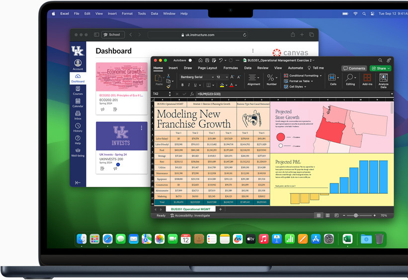 Microsoft Excel och Canvas LMS visas på en MacBook Air