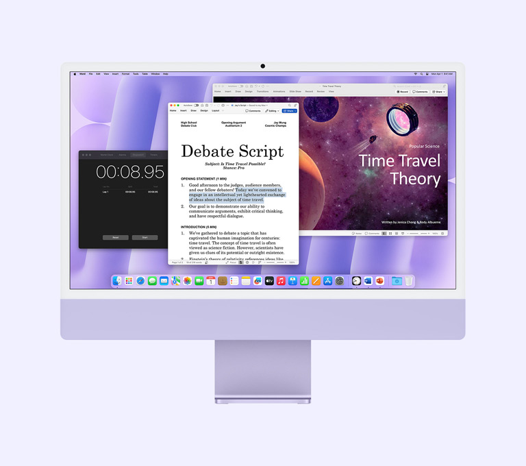 iMac in Violett: Auf dem Display werden die Apps Microsoft Word, Microsoft PowerPoint und Uhr gezeigt