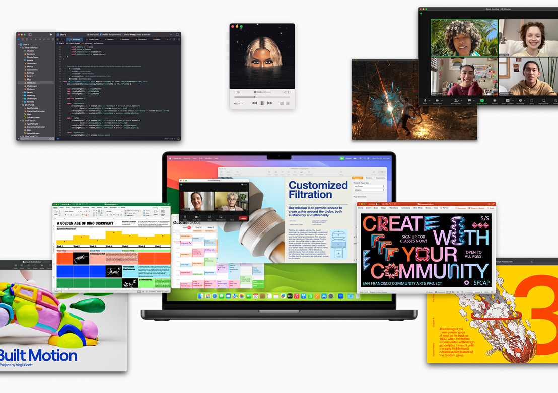 Skjermer som viser forskjellig programvare som kan kjøres på Apple-chiper: Xcode, Apple Music, Zoom, Excel, Powerpoint, Keynote, Adobe After Effects, Safari og spillprogramvare.