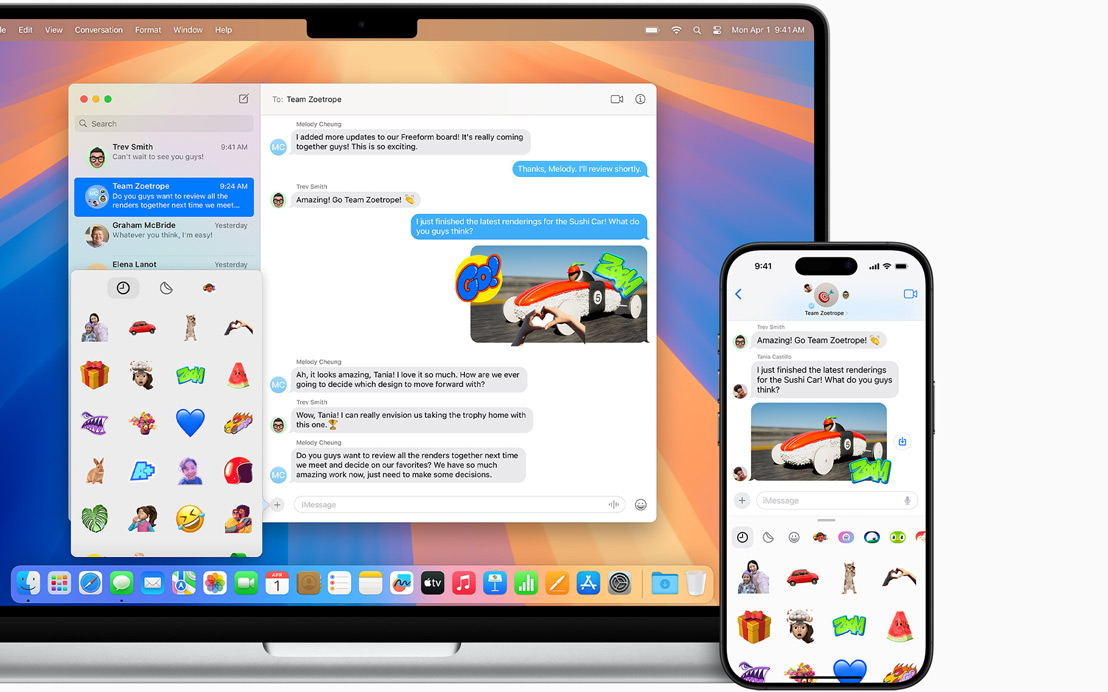 The same messages open on both the 14-inch MacBook Pro and iPhone 15.