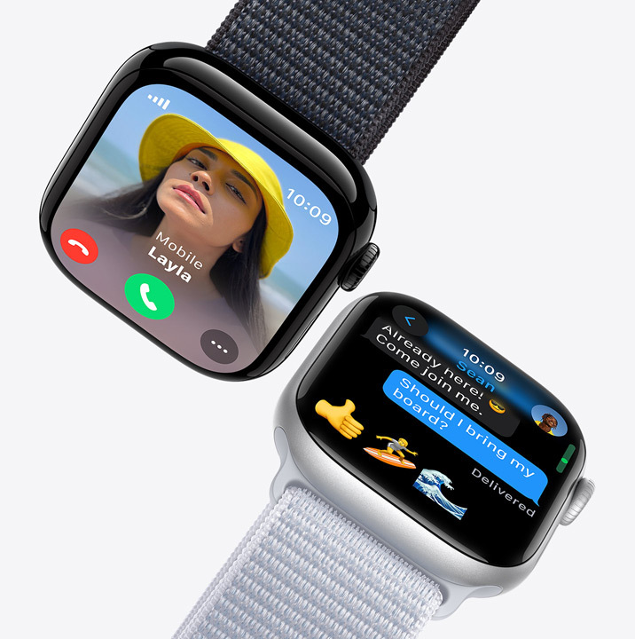 Dois ecrãs do Apple Watch. O primeiro mostra uma chamada recebida. O segundo mostra uma mensagem de texto.