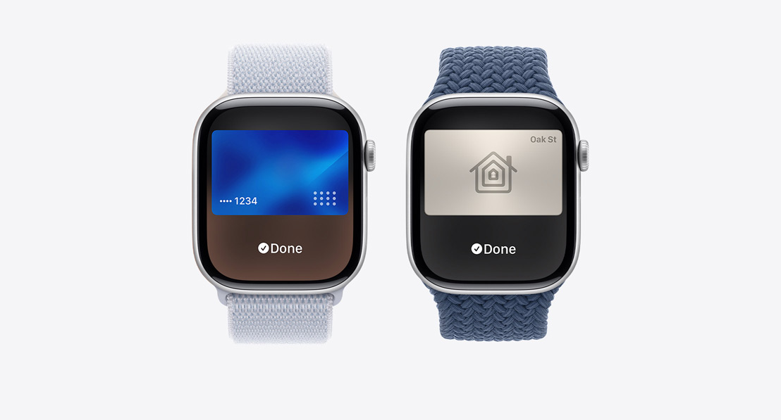 Drie exemplaren van Apple Watch Series 10. Op het eerste wordt Apple Card gebruikt met Apple Pay. Op het tweede wordt een ov-kaart gebruikt met de Wallet-app. Op het derde wordt een huissleutel gebruikt via de Wallet-app.