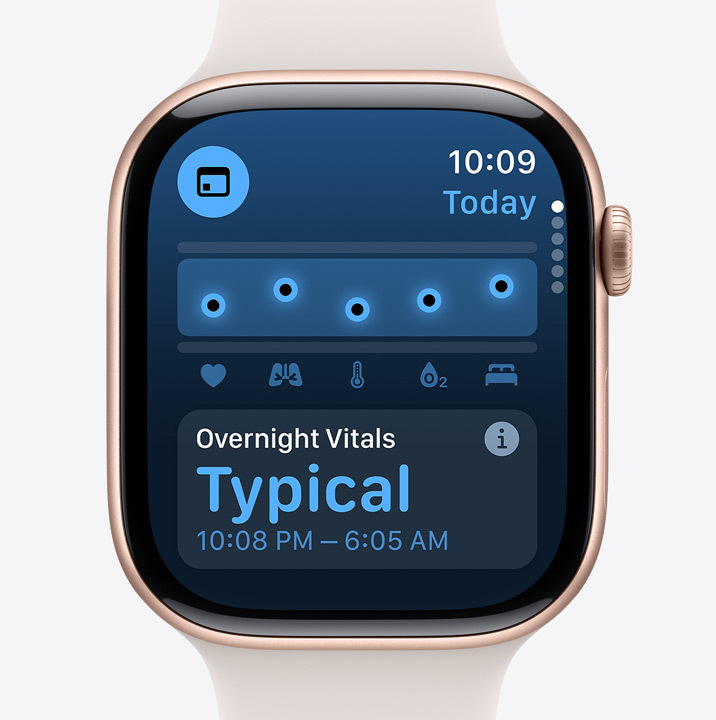 Ecrã do Apple Watch Series 10 com a app Sinais Vitais a mostrar que as métricas de saúde noturnas estão dentro dos valores normais.