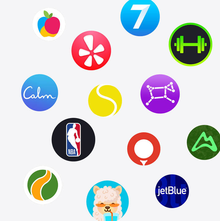 The icons of Apple Watch apps from the App Store. ChargePoint, Yelp, Nike Run Club, SmartGym, Calm, NBA, SwingVision, Oceanic+, WeChat, Waterllama, Golfshot, JetBlue and AllTrails