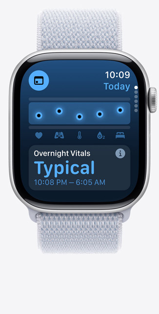 Appen Vitalparametrar på en Apple Watch Series 10 sedd framifrån som visar att nattens hälsovärden ligger inom användarens typiska intervall