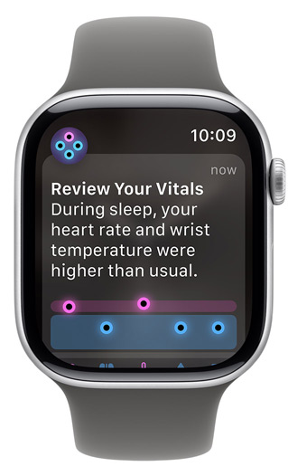 Apple Watch-skærm, der viser advarslen "Review Your Vitals"