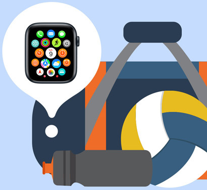 Une illustration de sac. Une Apple Watch se trouve dans une bulle au-dessus du sac pour indiquer qu’elle se trouve à l’intérieur.