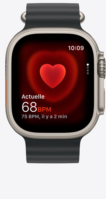 Vue de face d’un écran de l’app Fréquence cardiaque sur une Apple Watch Ultra 2 affichant une fréquence de 68 battements par minute.