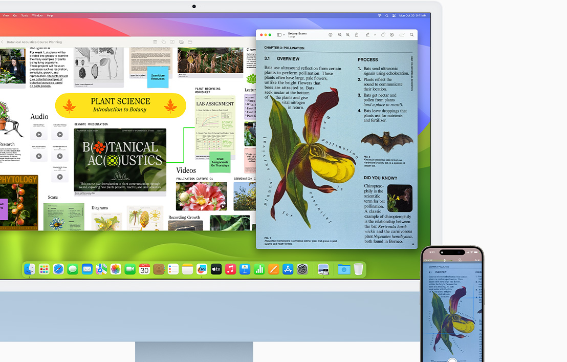 Dokumen yang sama yang dipindai di iPhone 15 terbuka di iMac dan iPhone.