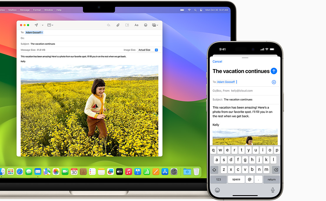 Email yang sama terbuka di MacBook Air 13 inci dan iPhone 15.