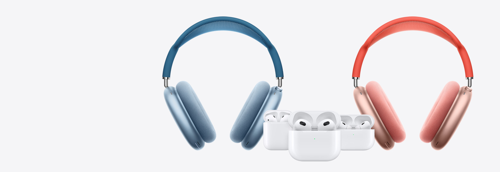 Dua AirPods Max di dekat AirPods Generasi ke-2, AirPods Generasi ke-3, dan AirPods 4 Generasi ke-2.