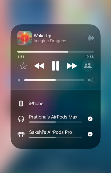 AirPlay screen on iPhone showing how to easily share an audio stream between two sets of AirPods.