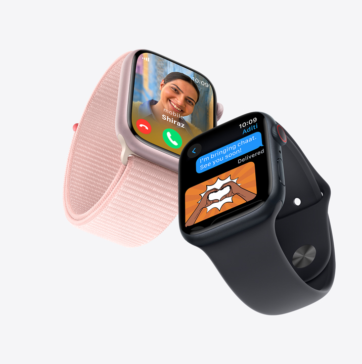 Two Apple Watch screens. The first shows an incoming call. The second shows a text message.