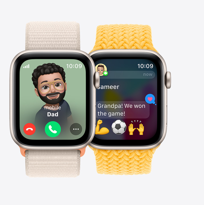 Two Apple Watch SE. The first shows an incoming call from Dad. The second shows a child texting “Grandma! We won the game!”