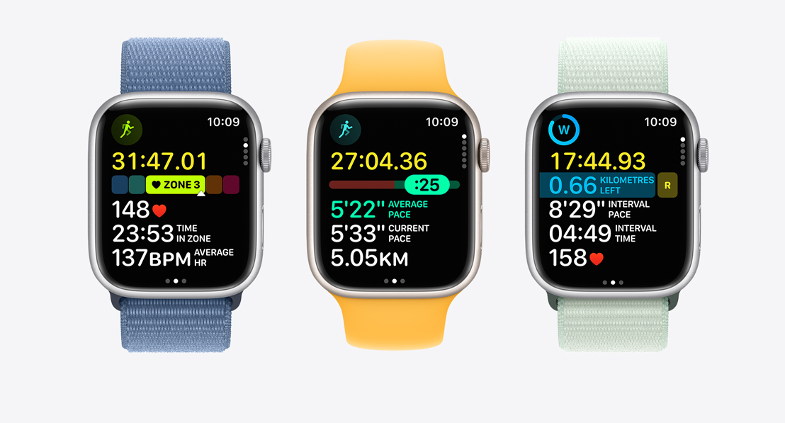 Three Apple Watch Series 10. The first shows Heart Rate Zones in a workout, the second shows Pacer and the third shows a custom workout with intervals.