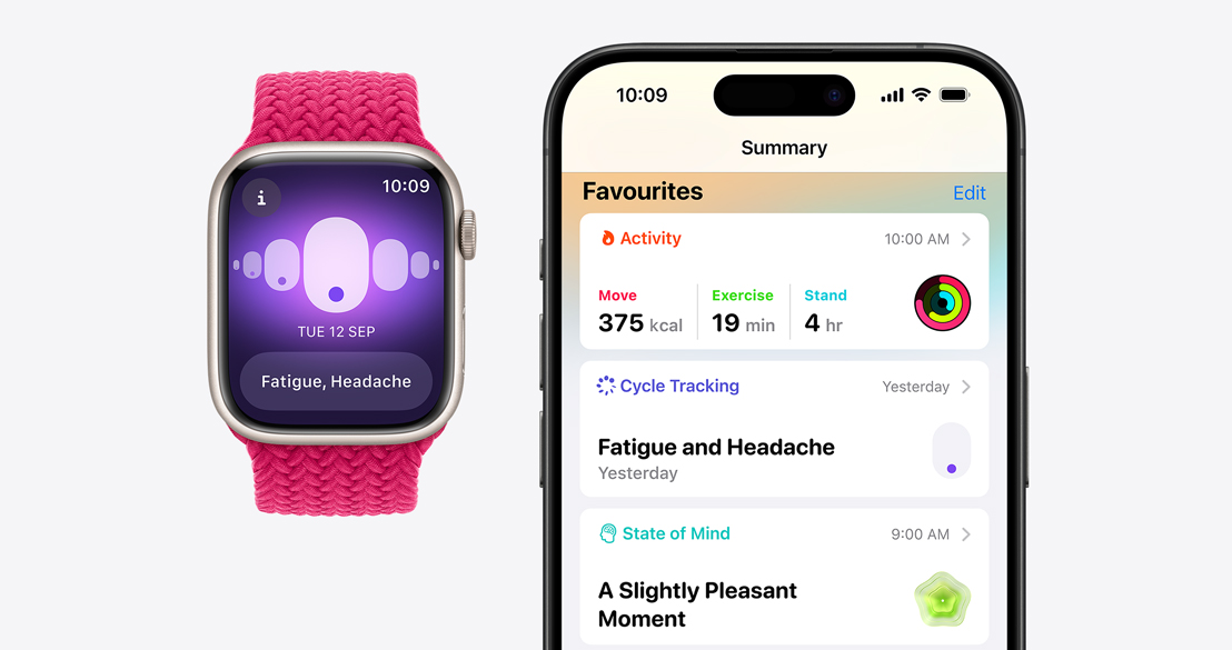 An Apple Watch Series 10 showing the Cycle Tracking app and an iPhone 16 Pro with the Health app showing Cycle Tracking information