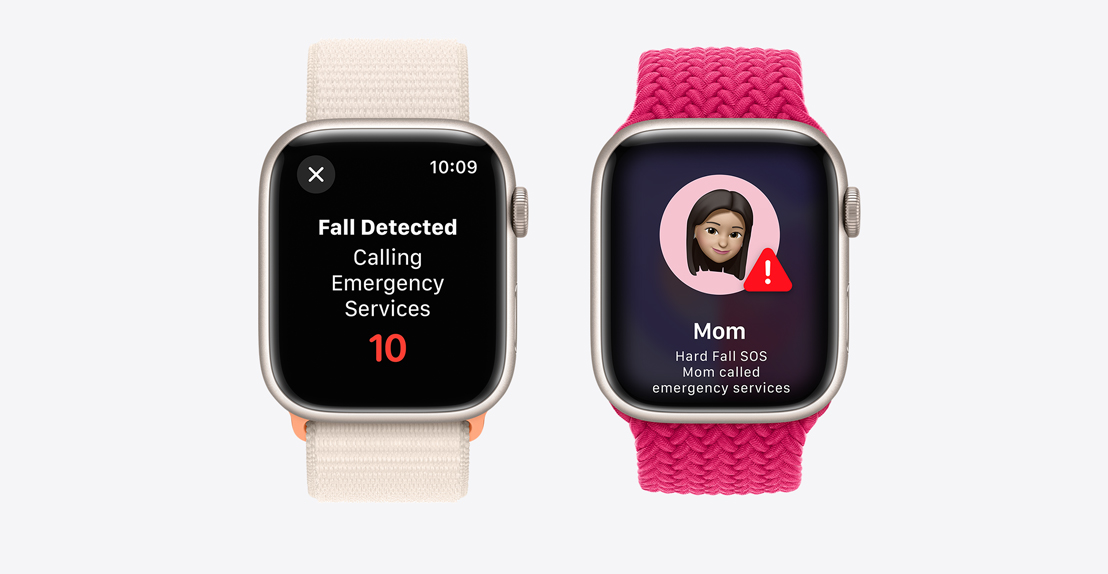 Two Apple Watch Series 10. The first shows a Crash Detection notification screen with an Emergency Call button. The second shows a notification screen indicating that “Mom” took a hard fall and has called emergency services.