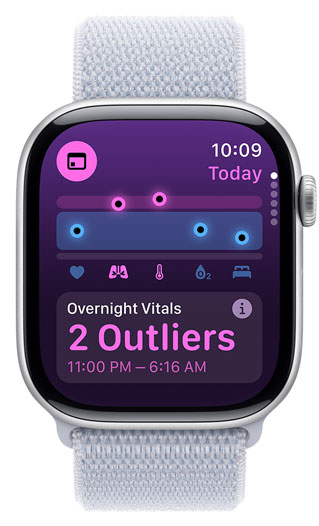 Apple Watch screen displaying Overnight Vitals with 2 outliers