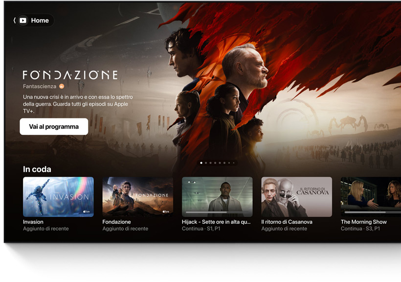 Un televisore a schermo piatto che mostra la schermata iniziale dell’app Apple TV