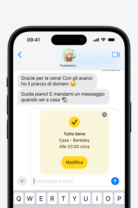 Una conversazione via messaggi che mostra la funzione “Tutto bene”.