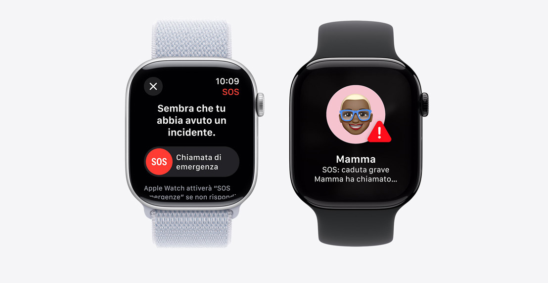 Due Apple Watch Series 10. Il primo mostra una notifica della funzione Rilevamento incidenti con il pulsante Chiamata di emergenza. Il secondo mostra una notifica da parte di Mamma che segnala che è stata rilevata una caduta e che sono stati chiamati i soccorsi.