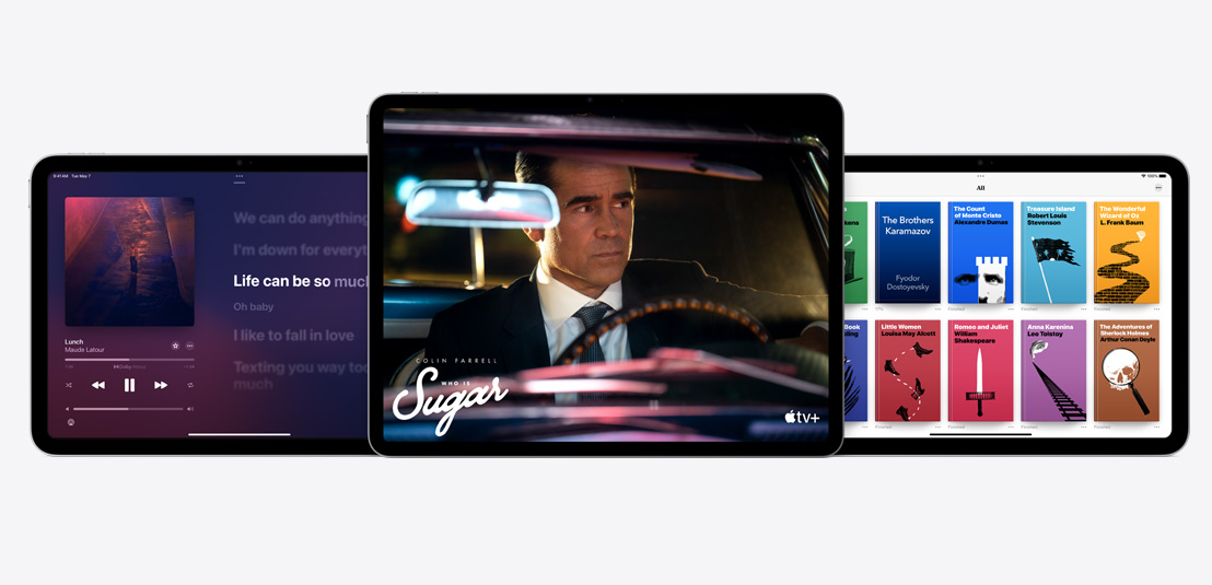 Divi iPad un iPad Air, kuros atvērtas Apple Music, Apple TV+ un Apple Books aplikācijas.