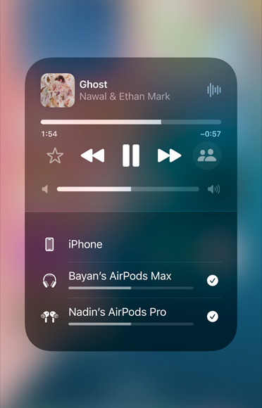 Screenshot of a song on Apple Music playing on two different sets of AirPods.