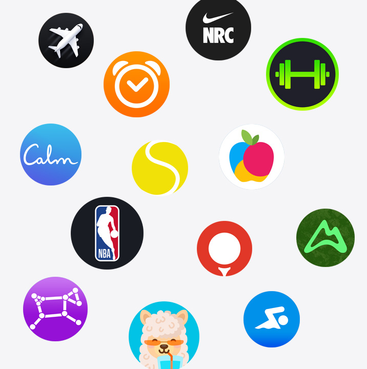 أيقونات تطبيقات Apple Watch من App Store. ChargePoint وYelp وNike Run Club وSmartGym وCalm وNBA وSwingVision و+Oceanic وWeChat وWaterllama وGolfshot وJetBlue وAllTrails