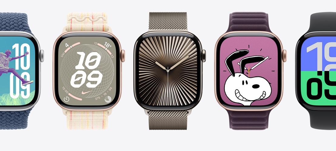 خمس شاشات Apple Watch واجهة صور، وواجهة الساعة 