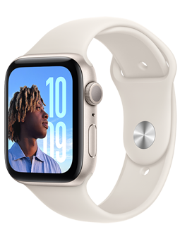 ساعة Apple Watch SE بإطار من الألومنيوم بلون ضوء النجوم مع حزام رياضي (أبيض).