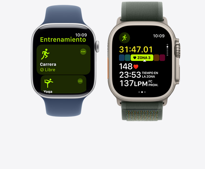 Parte frontal de un Apple Watch Series 10 y un Apple Watch Ultra 2 con un entrenamiento de Yoga y uno de Carrera al Aire Libre con distintas métricas.