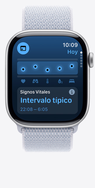 Pantalla que muestra la app Signos Vitales con datos de salud nocturnos normales en un Apple Watch Series 10