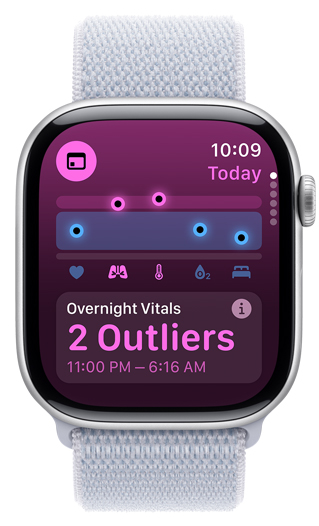 La pantalla de un Apple Watch muestra Signos Vitales Nocturnos con 2 valores atípicos