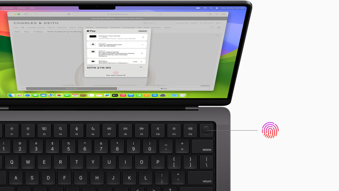 MacBook Pro screen shows an online purchase being made with Touch ID.