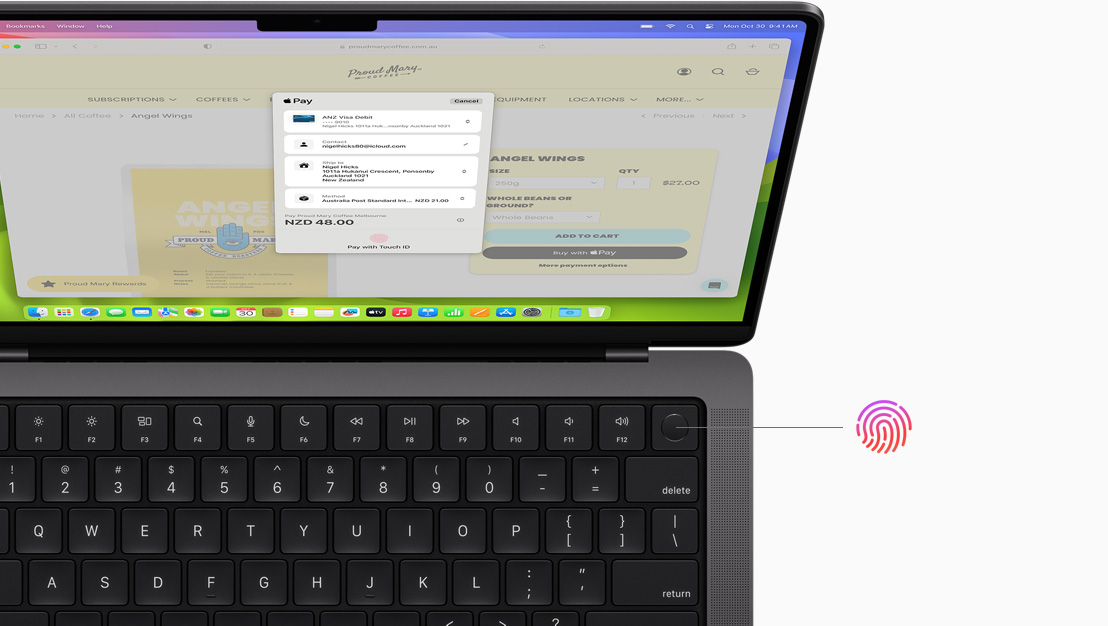 MacBook Pro screen shows an online purchase being made with Touch ID.