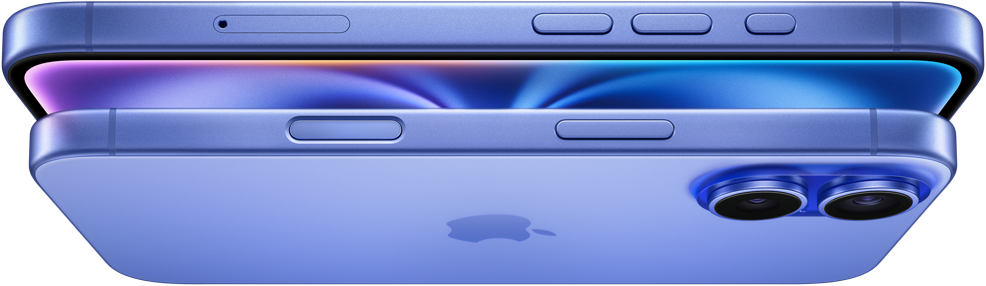 A front-facing iPhone 16 in a hand with a thumb on the Side button.