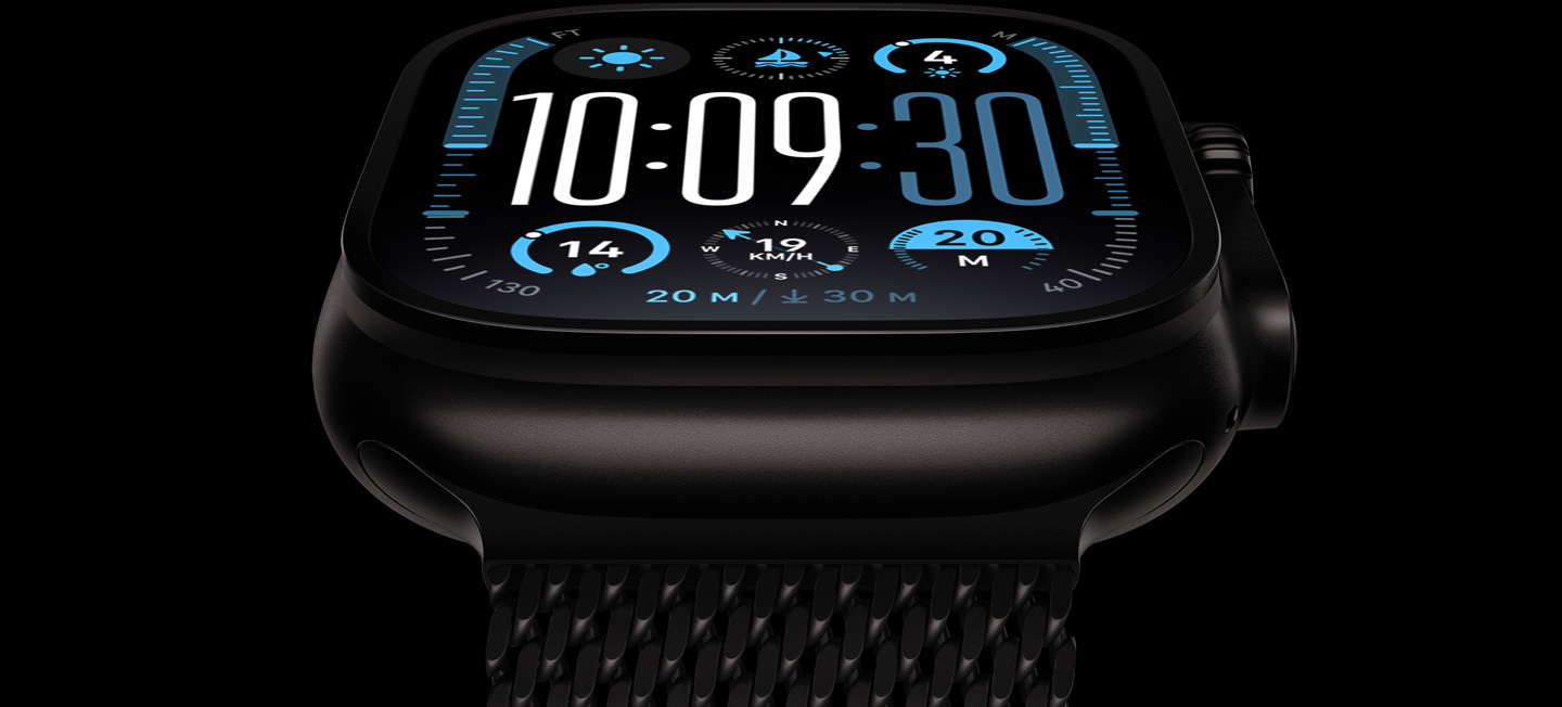 A close-up of a black titanium Apple Watch Ultra 2 with the display showing the time and other dynamic info