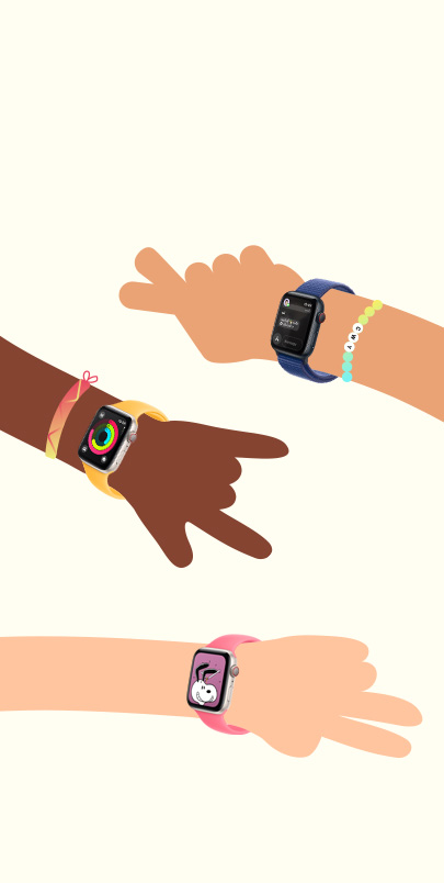 ภาพประกอบแสดงภาพมือของเด็กสองคน เด็กแต่ละคนสวม Apple Watch SE คลิกปุ่มเครื่องหมายบวกเพื่อดูข้อมูลเพิ่มเติมเกี่ยวกับคุณสมบัติ Apple Watch สำหรับลูกๆ ของคุณ